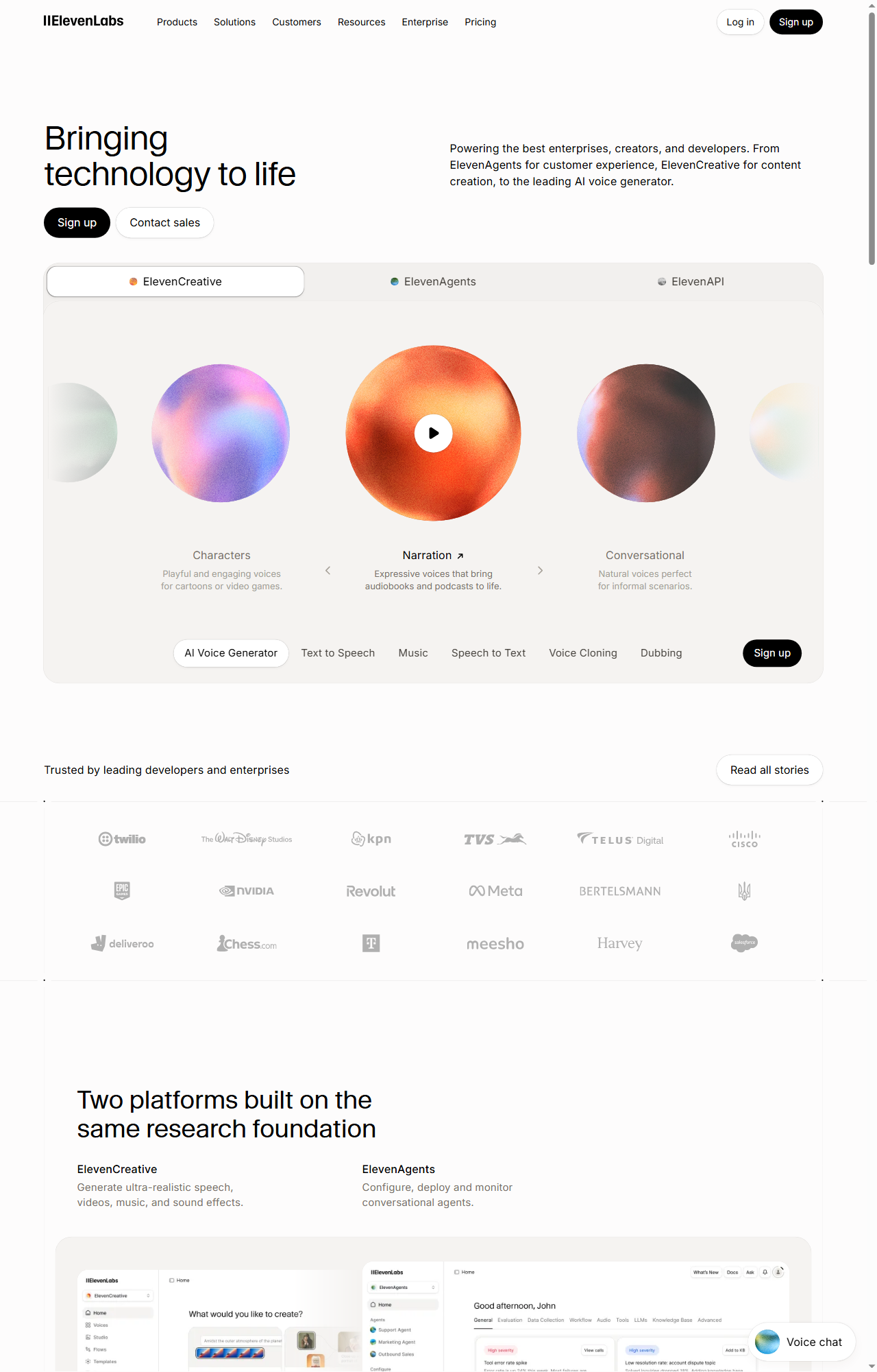 ElevenLabs platform homepage